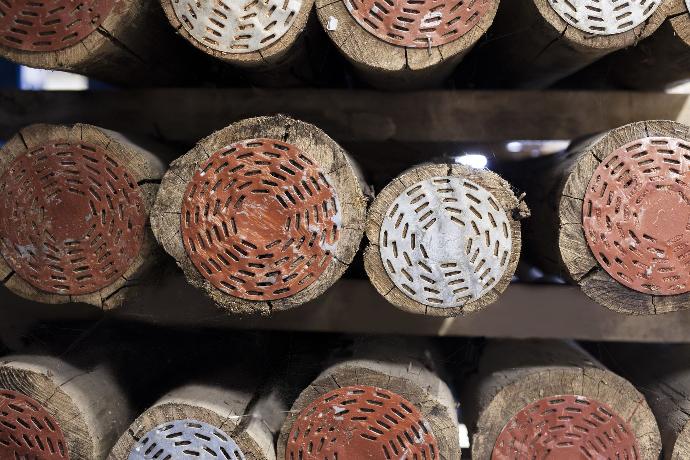 Kopse kanten van rondhouten palen